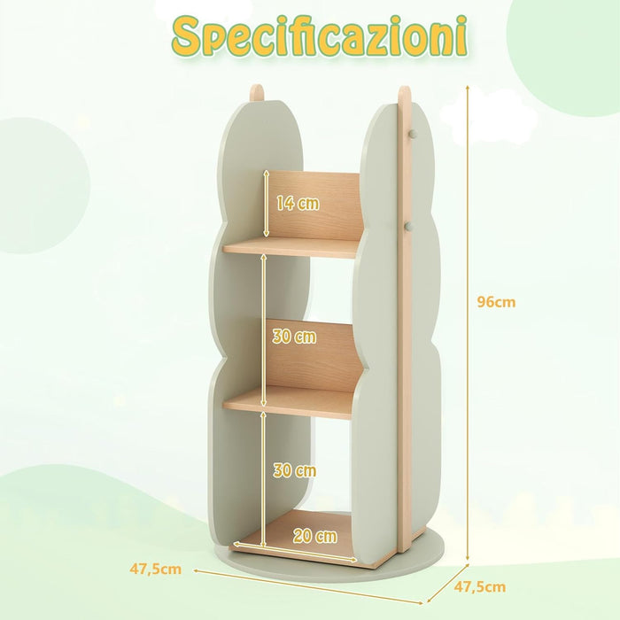 Scaffale Rotante per Bambini, Organizzatore per Giocattoli a 5 Ripiani, Mensola Girevole a 360° per Angolo, Scaffale da Terra per Camera dei Bambini Sala Giochi Asilo, 47,5x47,5x96 cm