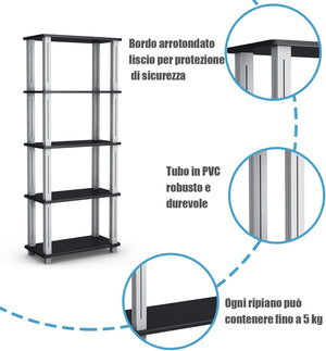 Scaffale a 5 livelli, Libreria Multifunzionale con Tanto Spazio, Scaffale di Stoccaggio Robusto, Ideale per Casa Garage Magazzino, Capacità di Carico 20 kg (Nero)