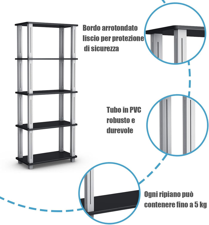 Scaffale a 5 livelli, Libreria Multifunzionale con Tanto Spazio, Scaffale di Stoccaggio Robusto, Ideale per Casa Garage Magazzino, Capacità di Carico 20 kg (Nero)