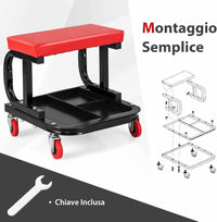 Sgabello da Officina con Ruote, Sgabello da Meccanico con Sedile Imbottito e Vassoio Porta Attrezzi, capacità di Carico 150 kg