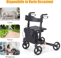 Deambulatore Pieghevole, Deambulatore per Anziani e Disabili a 4 Ruote, Rollator Medico in Alluminio Leggero con Sedile e Borsa, Portata Massima 136 kg