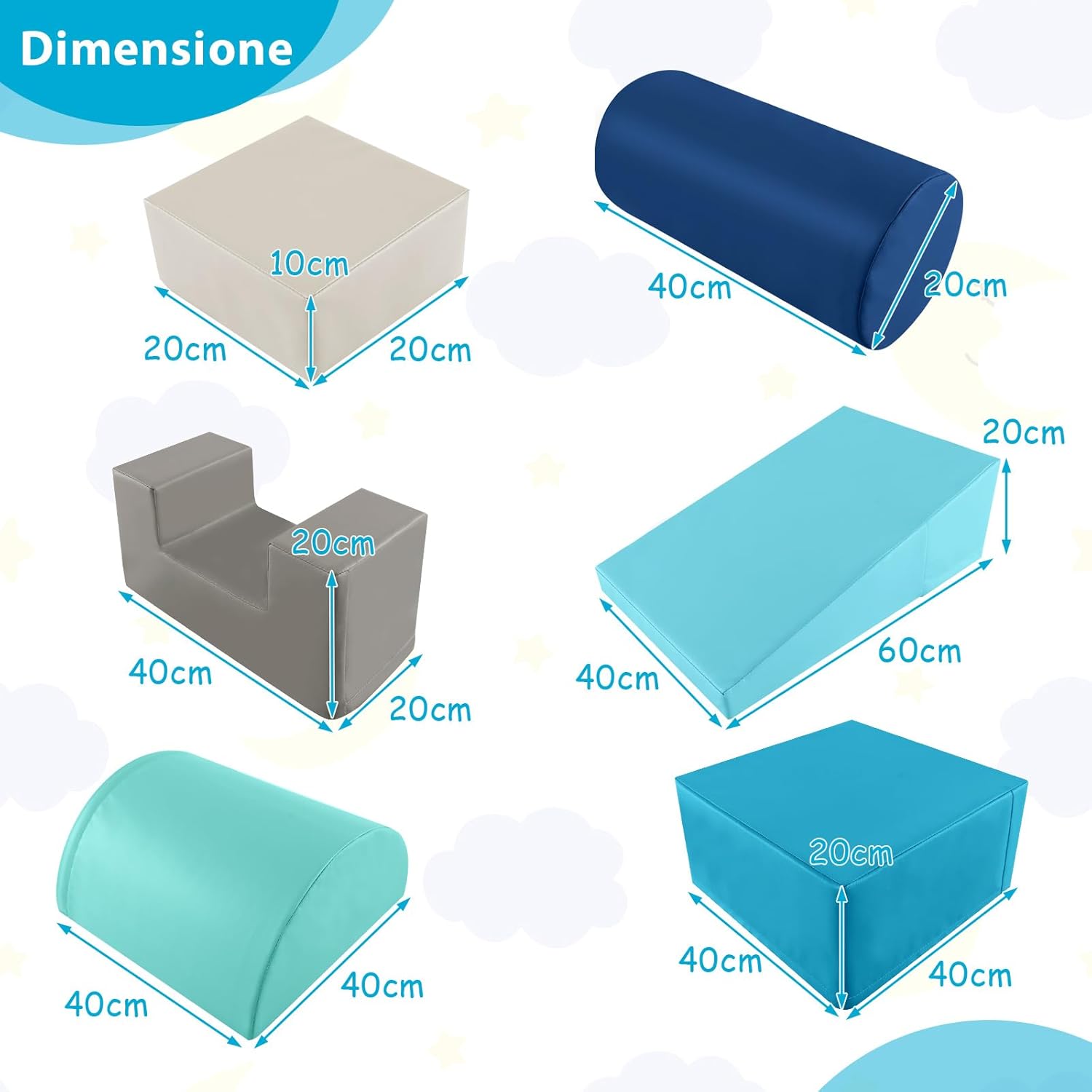Set di 6 Blocchi per Bambini con Diverse Forme e Colori, Centro Attivit¨¤ Palestrina Giocattolo per Arrampicata e Strisciamento (Blu chiaro)