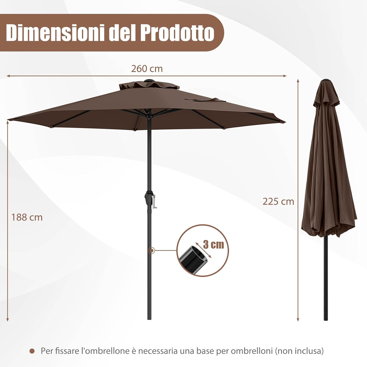 Ombrellone da Giardino da 260/360 cm, Ombrellone Parasole con Manovella, Ombrellone da Spiaggia con 8 Stecche, per Cortile Piscina Giardino (Caffè,260 cm)
