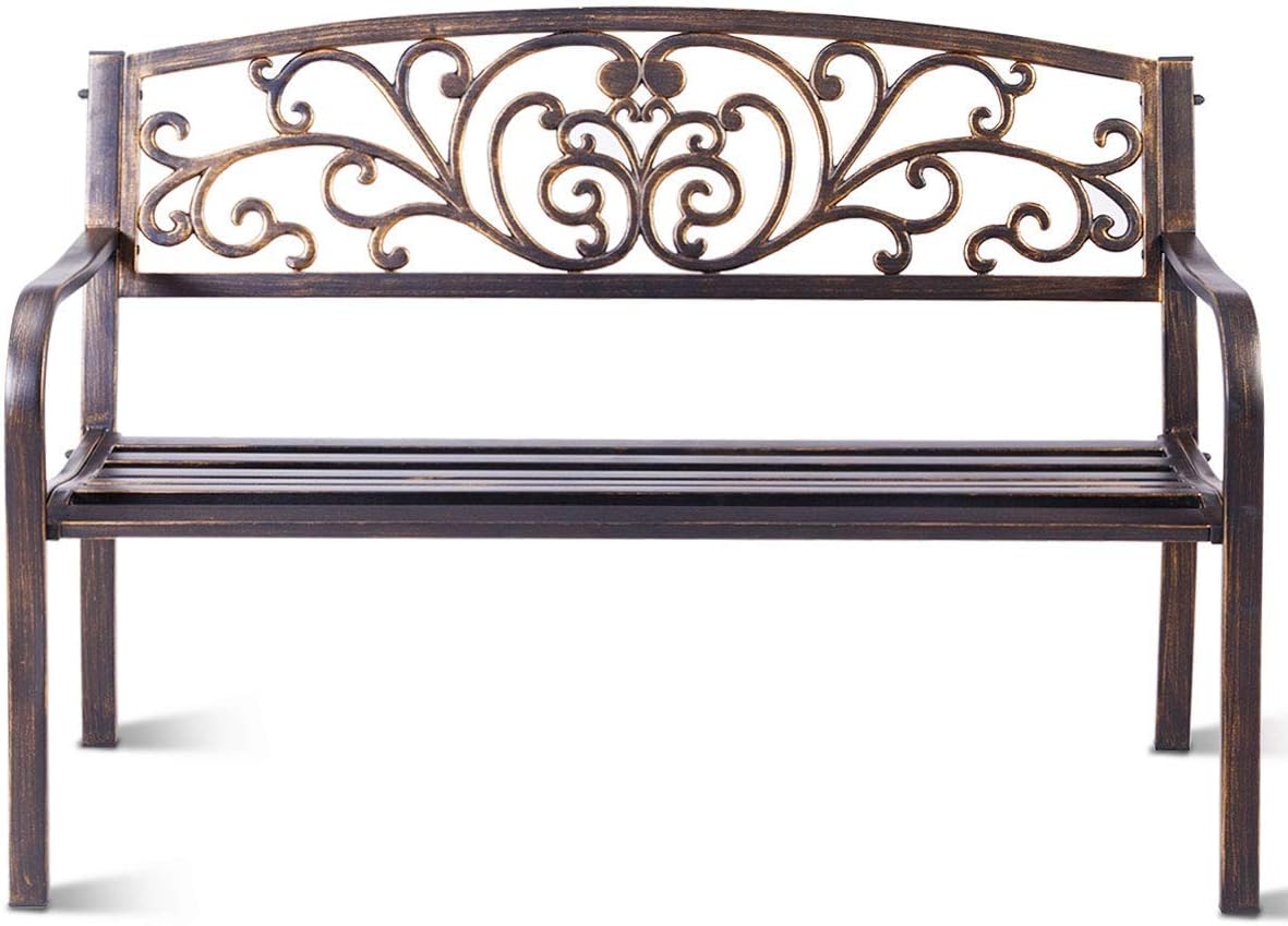 Panchina da Esterno, Panchina in Metallo Verniciato con Schienale Bello, Sedile Ampio e Braccioli Ergonomici, Panca da Giardino, Balcone e Cortile, 126 x 60 x 85 cm (Bronzo)