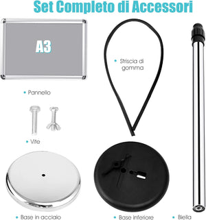 A4 / A3 Supporto Poster Espositore da Pavimento Supporto Menù Pubblicità in Metallo, Girevole e Regolabile in Altezza