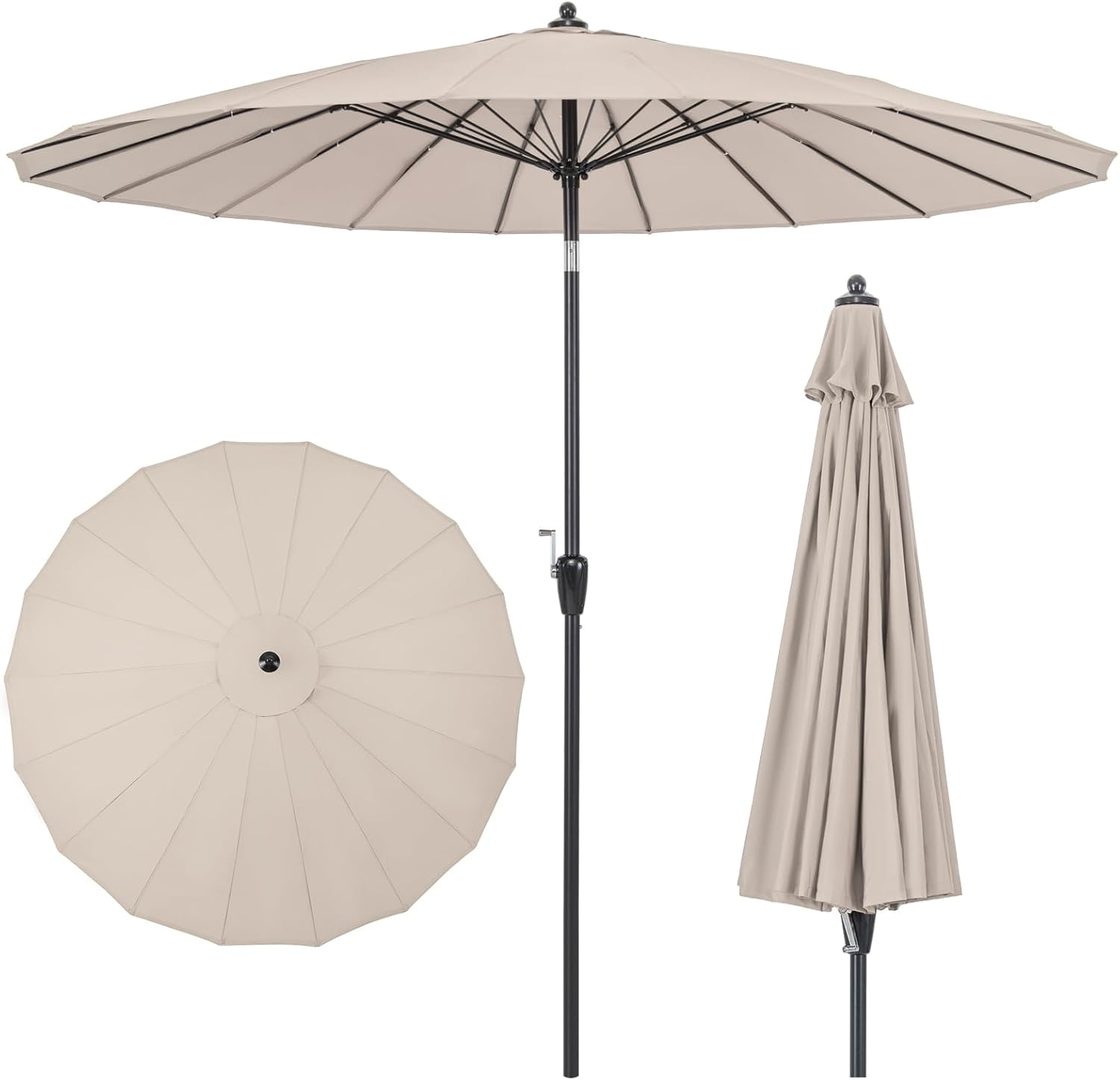 Ombrellone da Giardino Rotondo di 265 cm, Ombrellone da Patio con 18 Costole, Inclinazione a Pulsante, Parasole con Supporto in Metallo, per Cortile, Piscina, Spiaggia(Beige)