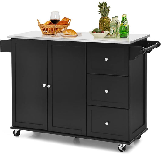Carrello da Cucina, Isola da Cucina con Piano in Acciaio Inox, 3 Cassetti e Armadietto a 2 Ante, Ripiani Regolabili e Portasciugamani e Portaspezie, 135x45,5x 91,5 cm (Nero)