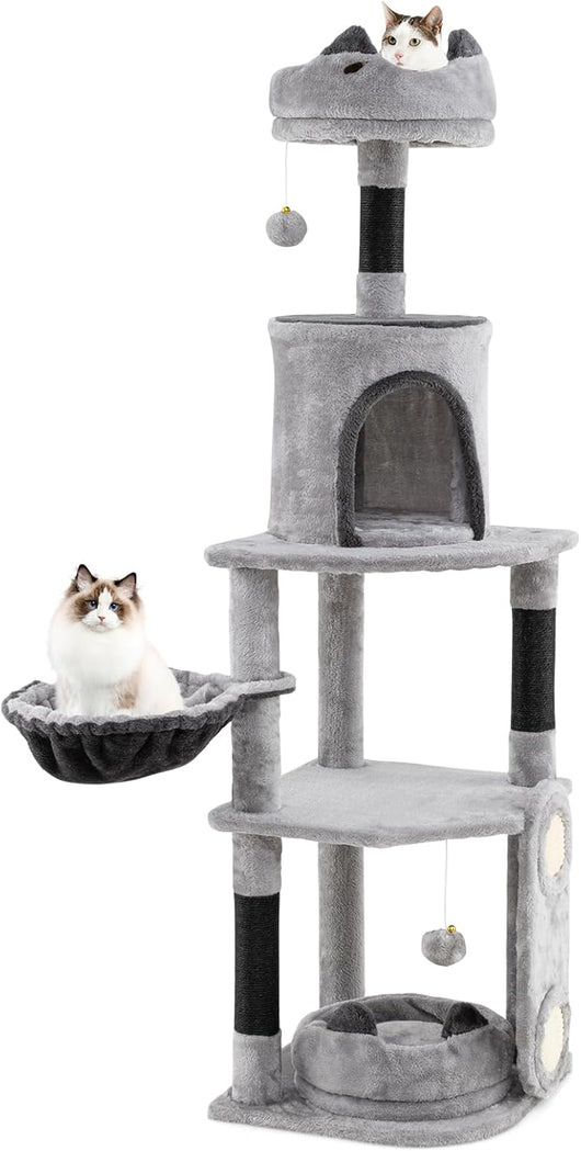 Tiragraffi per Gatti Alto 144 cm, Albero Tiragraffi Gatto con 3 Pali in Sisal, Amaca, 2 Pompom e Grotta, Cuccia Albero Gatto Imbottito in Peluche con Tavola in Sisal, Grigio