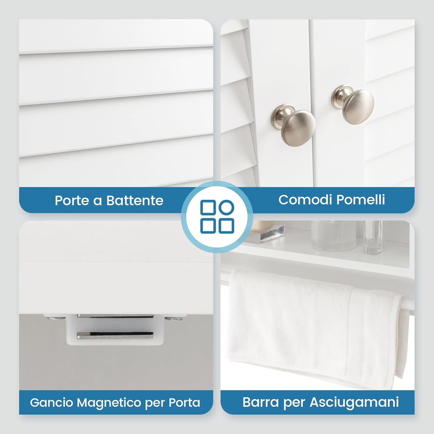 Armadietto da Bagno Sospeso, Armadietto da Parete con 2 Ante, con Ripiano Regolabile in 3 Posizioni e Barra Porta Asciugamani, 60x22x75 cm (Bianco)