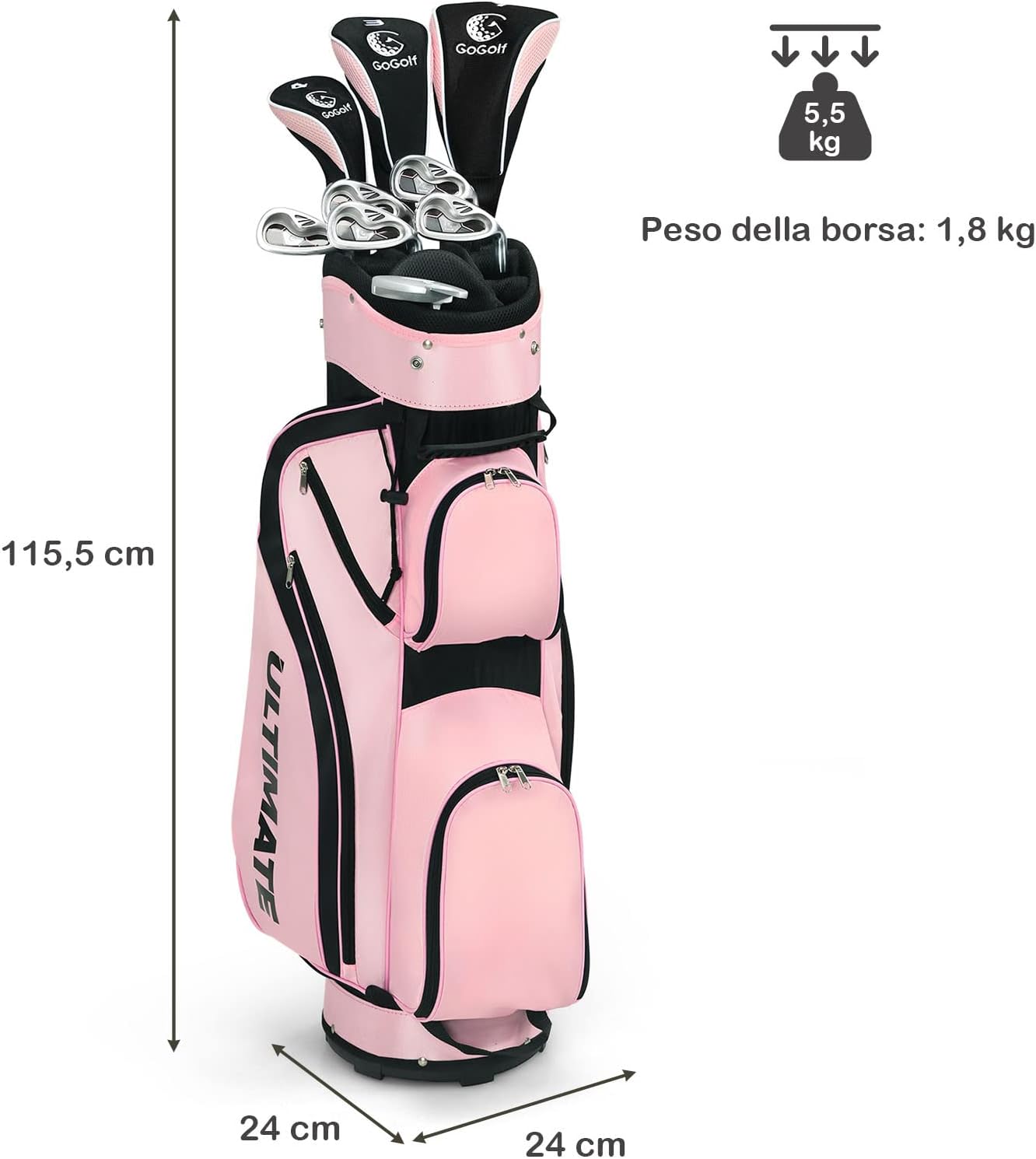 Set di Mazze da Golf per Donne, Include Driver in Lega di Alluminio, Legno da Fairway 3, Ibrido 4, Ferri 6, 7, 8 e 9, Putter, Sacca da Golf con Cinghie, Rosa, 24 x 24 x 115,5 cm