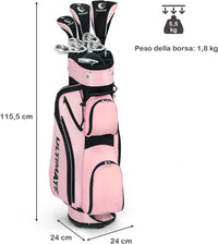 Set di Mazze da Golf per Donne, Include Driver in Lega di Alluminio, Legno da Fairway 3, Ibrido 4, Ferri 6, 7, 8 e 9, Putter, Sacca da Golf con Cinghie, Rosa, 24 x 24 x 115,5 cm