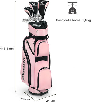 Set di Mazze da Golf per Donne, Include Driver in Lega di Alluminio, Legno da Fairway 3, Ibrido 4, Ferri 6, 7, 8 e 9, Putter, Sacca da Golf con Cinghie, Rosa, 24 x 24 x 115,5 cm