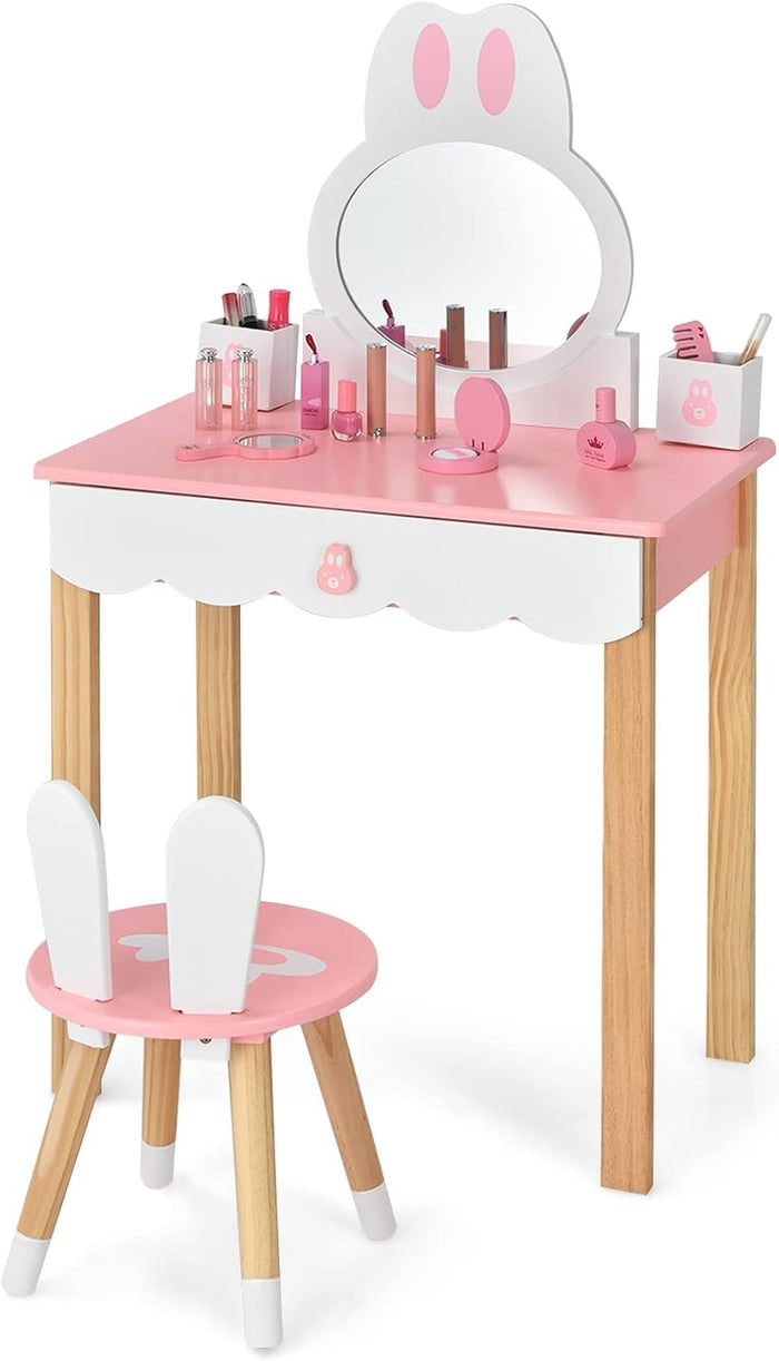 Toeletta Trucco 2 in 1 per Bambina, Specchiera a Forma di Coniglio Staccabile per Ragazza in Legno con Sgabello, Portapenni e Cassetto, Postazione Trucco, 60 x 34 x 103cm (Rosa)
