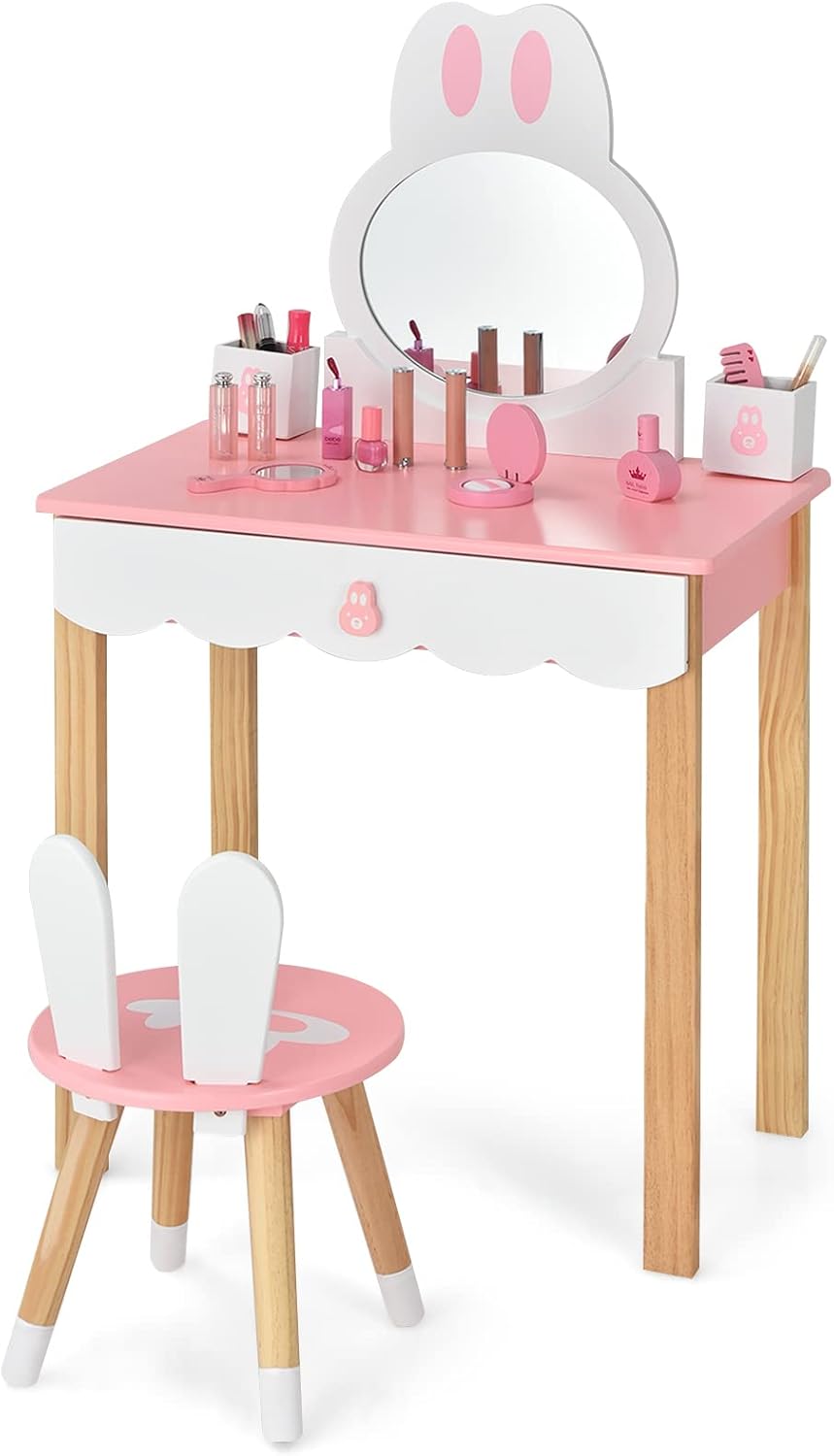 Toeletta Trucco 2 in 1 per Bambina, Specchiera a Forma di Coniglio Staccabile per Ragazza in Legno con Sgabello, Portapenni e Cassetto, Postazione Trucco, 60 x 34 x 103cm (Rosa)