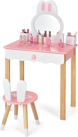 Toeletta Trucco 2 in 1 per Bambina, Specchiera a Forma di Coniglio Staccabile per Ragazza in Legno con Sgabello, Portapenni e Cassetto, Postazione Trucco, 60 x 34 x 103cm (Rosa)