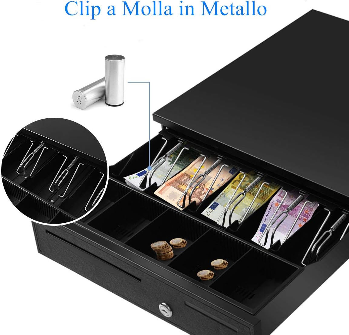 Cassetto Portasoldi, Cassetto Porta contanti, Cassetto per Registratore di Cassa, 5 scomparti per Monete e 5 scomparti per Banconote, 40,5x42x10cm