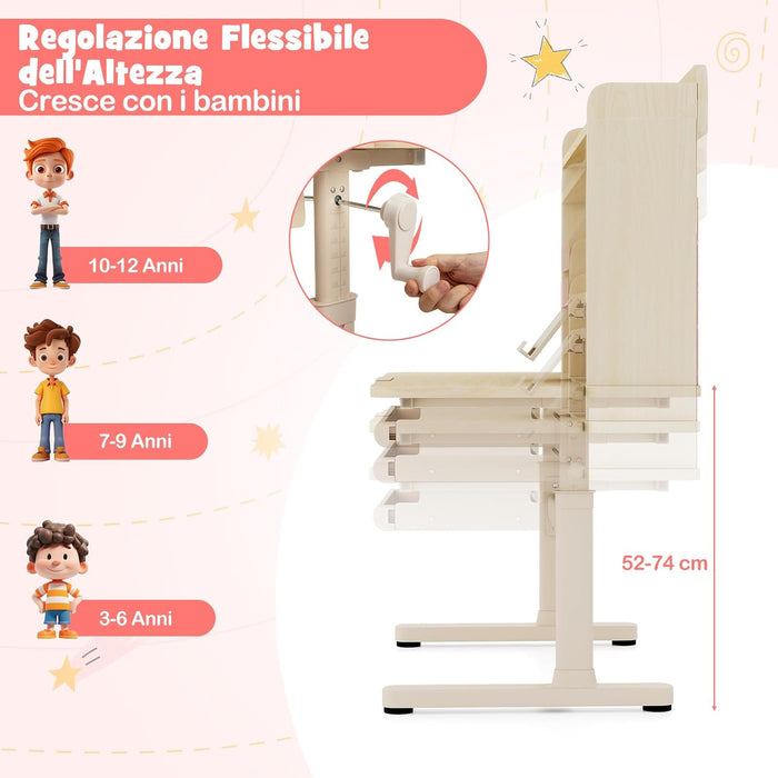 Scrivania per Bambini 3+ Anni, Tavolo da Studio Regolabile in Altezza con Libreria e Cassetto, Piano Inclinabile, Mensole, Leggio e Portapenne, Scrivania per Studiare (Giallo)