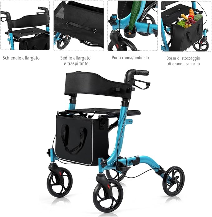 Deambulatore Pieghevole per Anziani Ultraleggero, con Sedile Borsa da Spesa e 4 Ruote Freno a Mano, Rollator Altezza Regolabile, Capacità 136kg, Lega di Alluminio, Nero (Blu)