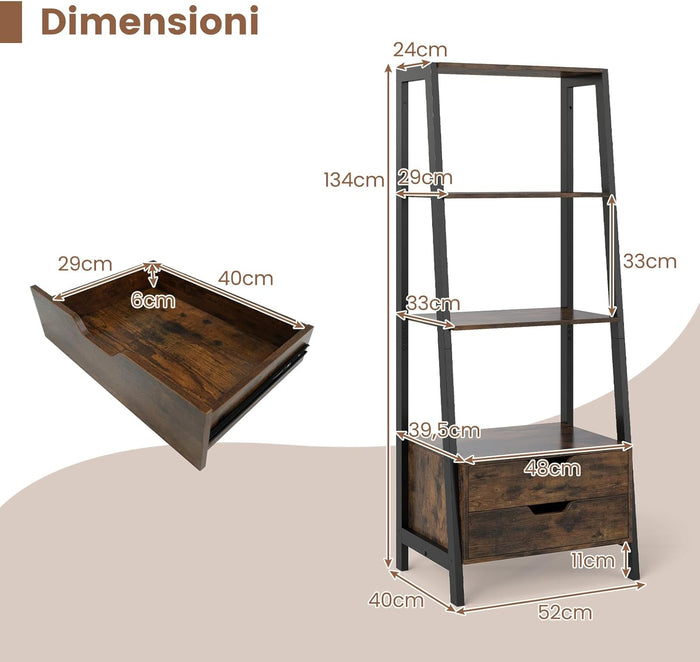 Scaffale a Scala, Libreria in Legno a 4 Ripiani con 2 Cassetti, Scaffale Salvaspazio da Terra per Camera da Letto, Studio, Ufficio e Soggiorno, 52 x 39,5 x 134 cm (Marrone)