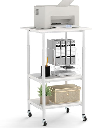 Supporto per Stampante, Carrello Stampante a 3 Livelli con Ripiani di Stoccaggio e Ruote con Blocco, Altezza Regolabile, per Stampante 3D Scanner Fax, 49 x 40 x 65/77 cm (Bianco)