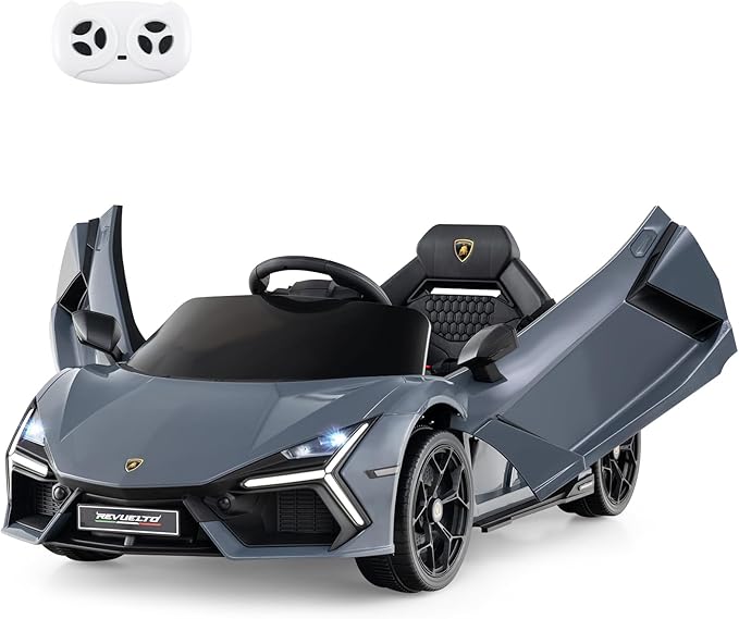 Lamborghini 12V Auto Elettrica per Bambini, Veicolo Elettrico Cavalcabile con Telecomando Luci LED Musica, 3-5 Km/h, per Bambini 37-95 Mesi (Grigio)