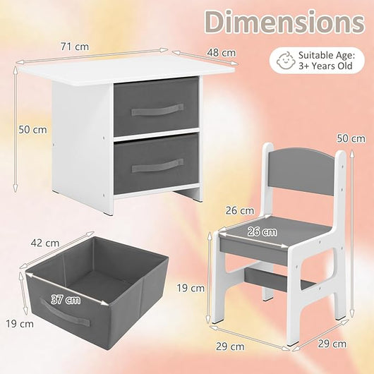 Set Tavolo e 2 Sedie per bambini, Set di Scrivania per Bambini con Ceste Portaoggetti Rimovibili, Mobili Salvaspazio in Legno per cameretta per 3+ Anni (Grigio)
