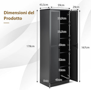Armadio Alto di Stoccaggio a Pavimento con 2 Ante, Mobile Multiuso con Ripiani Regolabili, Armadietto di Stoccaggio in Legno Capacità di Carico di 90 kg, 59 x 43,5 x 178 cm (nero)