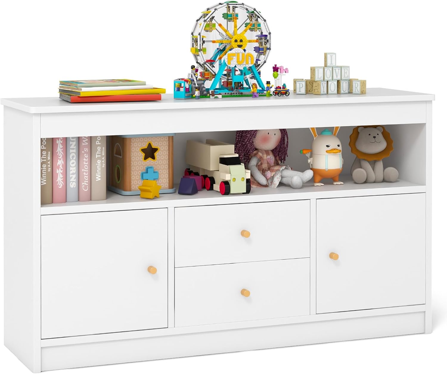 Organizzatore per Giocattoli per Bambini, Scaffale in Legno con Scomparto Aperto 2 Cassetti e 2 Ante, Mobile Multifunzionale per Sala Giochi Camera da Letto Asilo, 106x30x62 cm (Bianco)