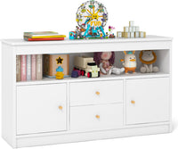 Organizzatore per Giocattoli per Bambini, Scaffale in Legno con Scomparto Aperto 2 Cassetti e 2 Ante, Mobile Multifunzionale per Sala Giochi Camera da Letto Asilo, 106x30x62 cm (Bianco)