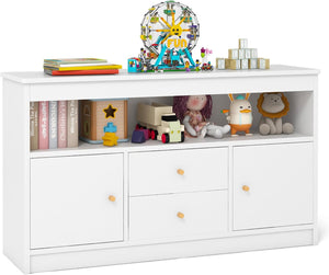 Organizzatore per Giocattoli per Bambini, Scaffale in Legno con Scomparto Aperto 2 Cassetti e 2 Ante, Mobile Multifunzionale per Sala Giochi Camera da Letto Asilo, 106x30x62 cm (Bianco)