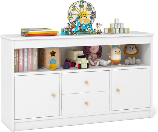 Organizzatore per Giocattoli per Bambini, Scaffale in Legno con Scomparto Aperto 2 Cassetti e 2 Ante, Mobile Multifunzionale per Sala Giochi Camera da Letto Asilo, 106x30x62 cm (Bianco)