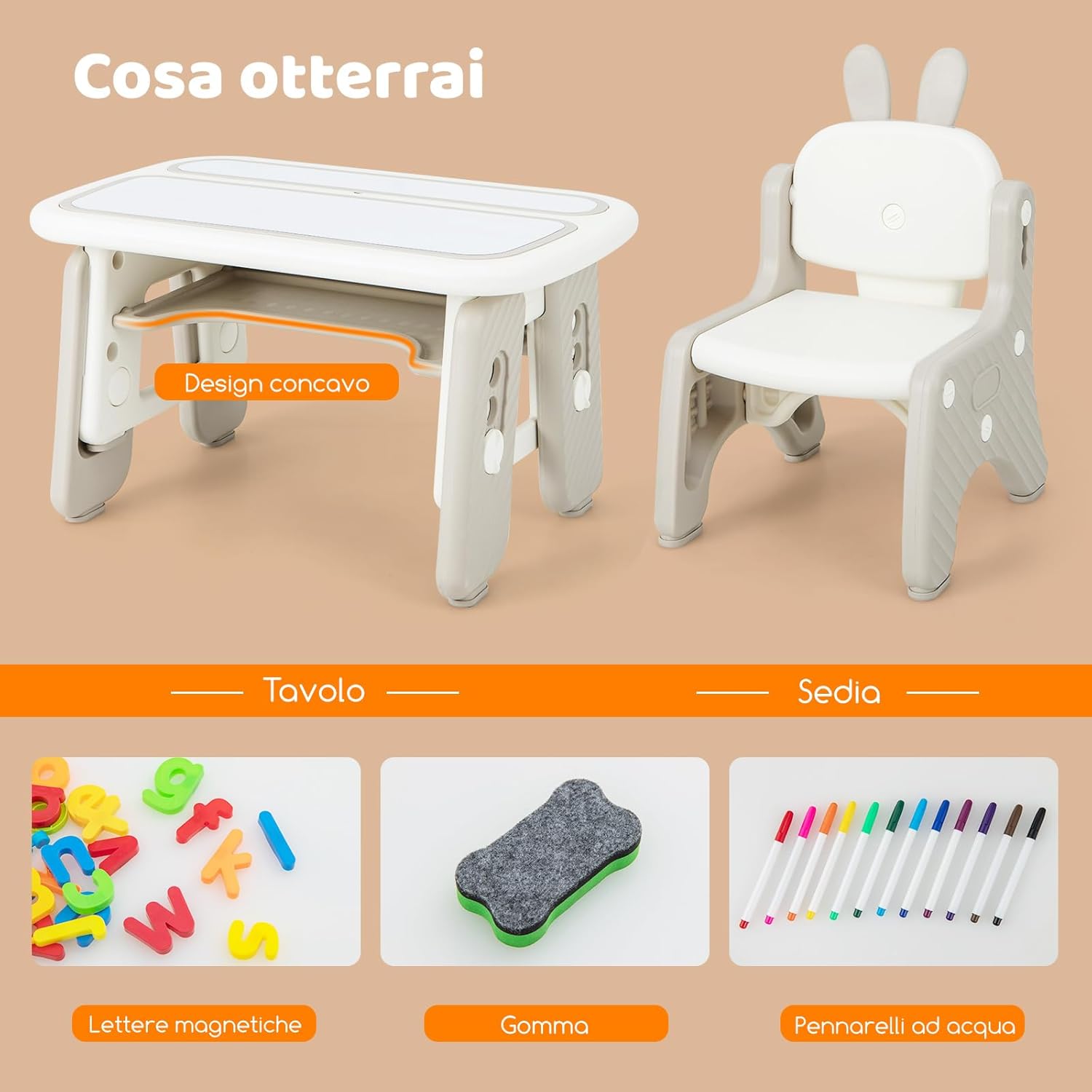 Set Tavolo e Sedia per Bambini, Tavolo e Sedia per Bambini con Mensola Ribaltabile, Lavagna Magnetica Cancellabile, Altezza Regolabile, per Camera da Letto, Sala, Giochi per Bambini