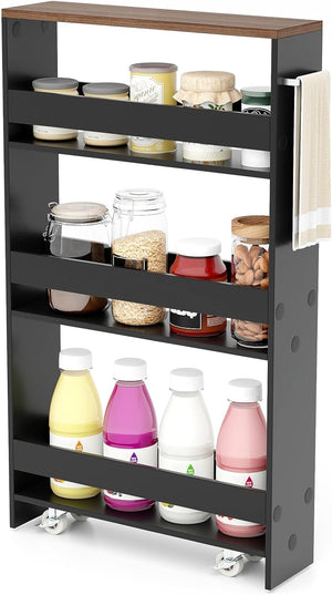 Carrello Portaoggetti da Cucina, Scaffale con Maniglia Laterale e Ruote, Carrello Salvaspazio con 3 Scaffali Stretti, 47,5x13x80,5 cm (Marrone+Nero)