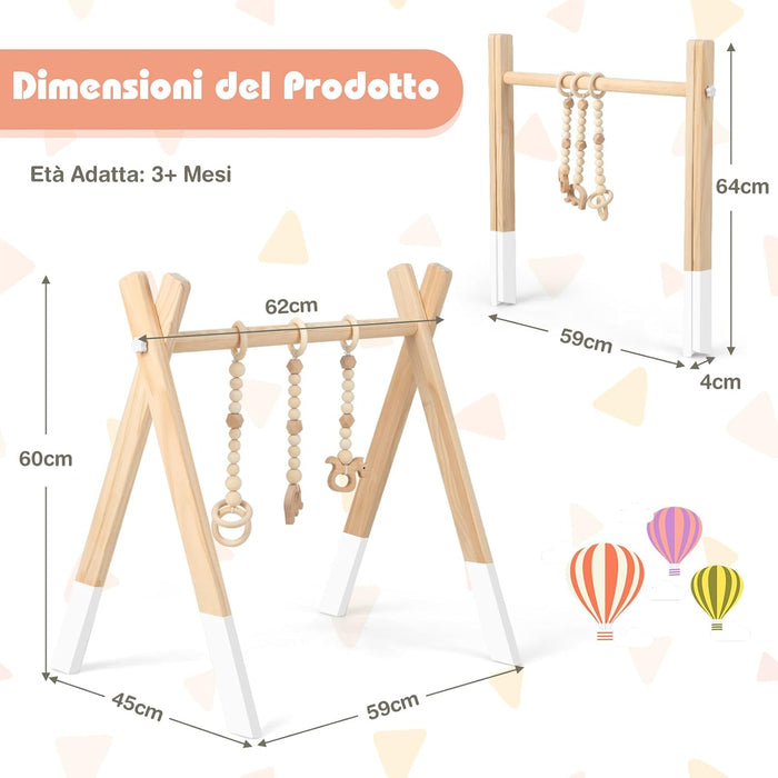 Palestrina per Bambini, Palestrina con Giocattoli per Dentizione Sviluppo Cerebrale Stimolazione Sensoriale, Pieghevole, in Legno, per Bambini 3+ Mesi (Bianco)