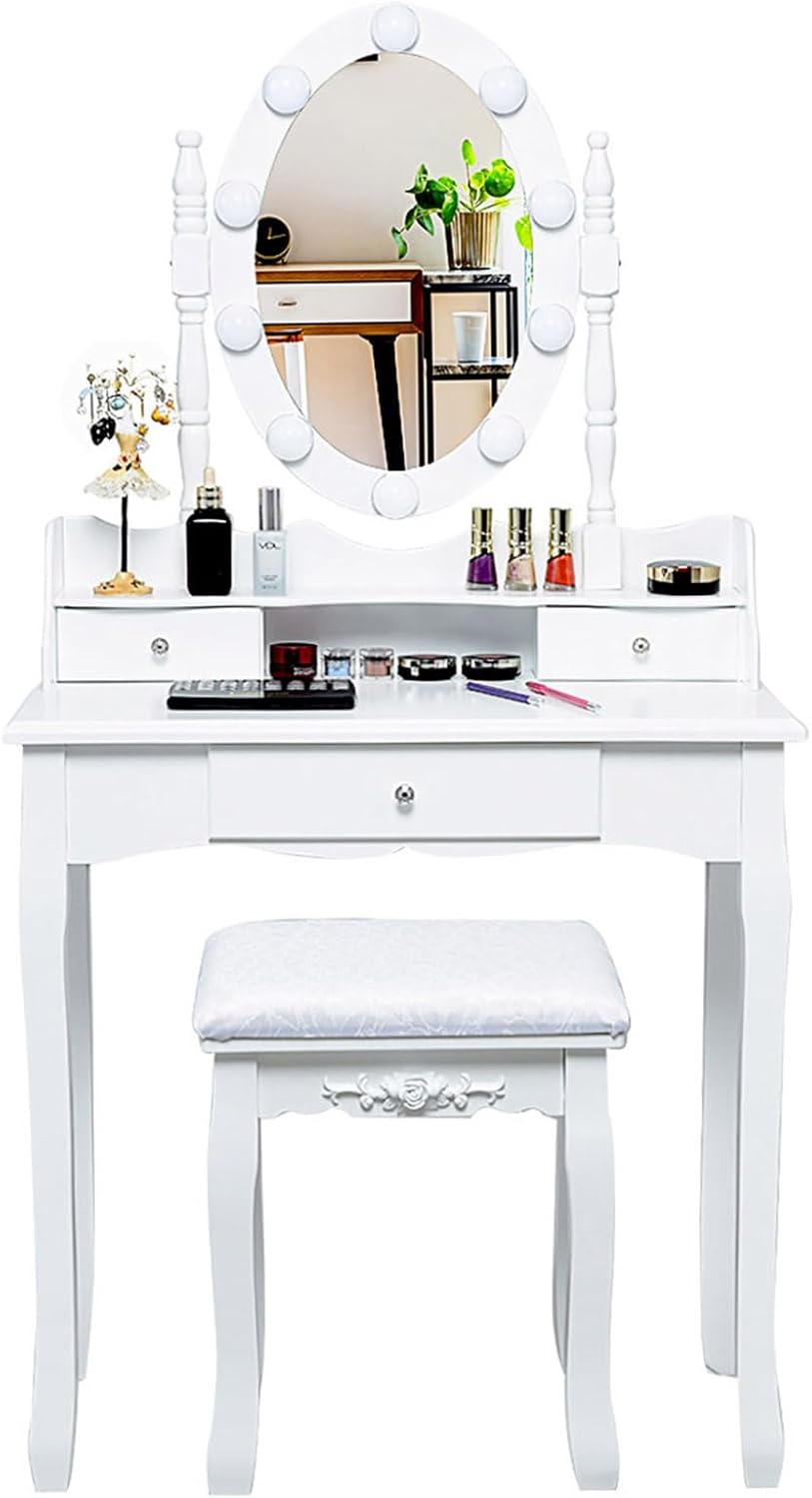 Toeletta da Trucco, Set Tavolo e Sgabello da Trucco, Specchio con 10 Luci LED, Toeletta Multifunzionale con 3 Cassetti, Specchio Rotante a 360?, Postazione Make-up Moderno (Bianco)