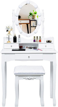 Toeletta da Trucco, Set Tavolo e Sgabello da Trucco, Specchio con 10 Luci LED, Toeletta Multifunzionale con 3 Cassetti, Specchio Rotante a 360?, Postazione Make-up Moderno (Bianco)