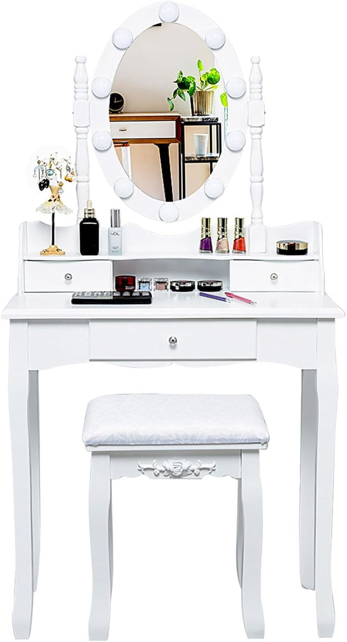 Toeletta da Trucco, Set Tavolo e Sgabello da Trucco, Specchio con 10 Luci LED, Toeletta Multifunzionale con 3 Cassetti, Specchio Rotante a 360?, Postazione Make-up Moderno (Bianco)