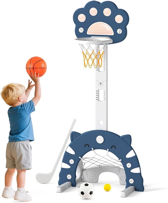 3 in 1 Canestro da Basket per Bambini, con Canestro Calcio e Golf, Cerchio Rimovibile e Pieghevole, Set da Gioco Regolabile per Interno ed Esterno, 3 Anni+ (Blu Scuro)