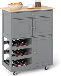 Carrello da Cucina, con Portabottiglie Tre Ante e Ruote, Credenza Cucina in Legno di Pino e MDF, Ideale per Soggiorno e Cucina, 67 x 37 x 86 cm（Grigio）