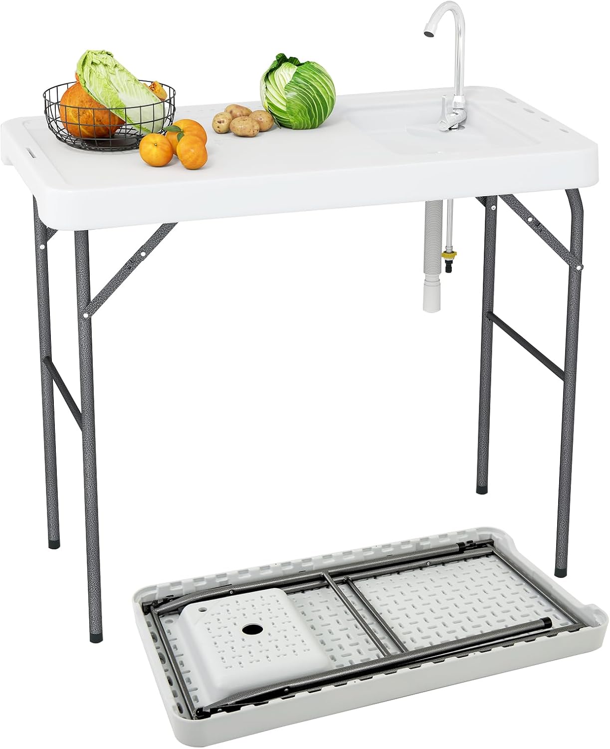 Tavolo da Campeggio Portatile, Tavolo Pieghevole con Lavello, Rubinetto Girevole a 360° e Tubo di Scarico, Portata 150 kg, 108 x 58 x 93 cm