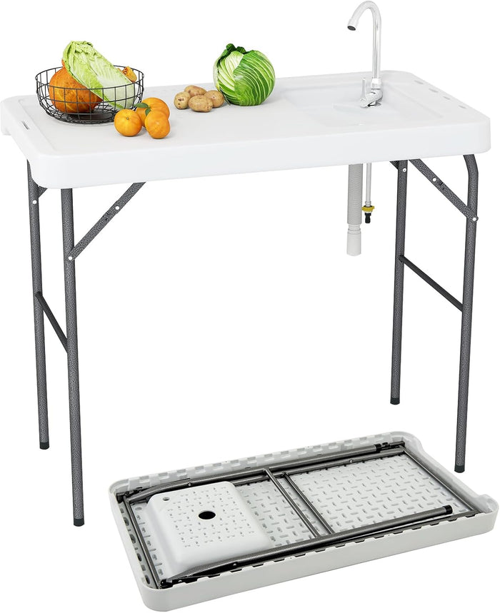 Tavolo da Campeggio Portatile, Tavolo Pieghevole con Lavello, Rubinetto Girevole a 360° e Tubo di Scarico, Portata 150 kg, 108 x 58 x 93 cm