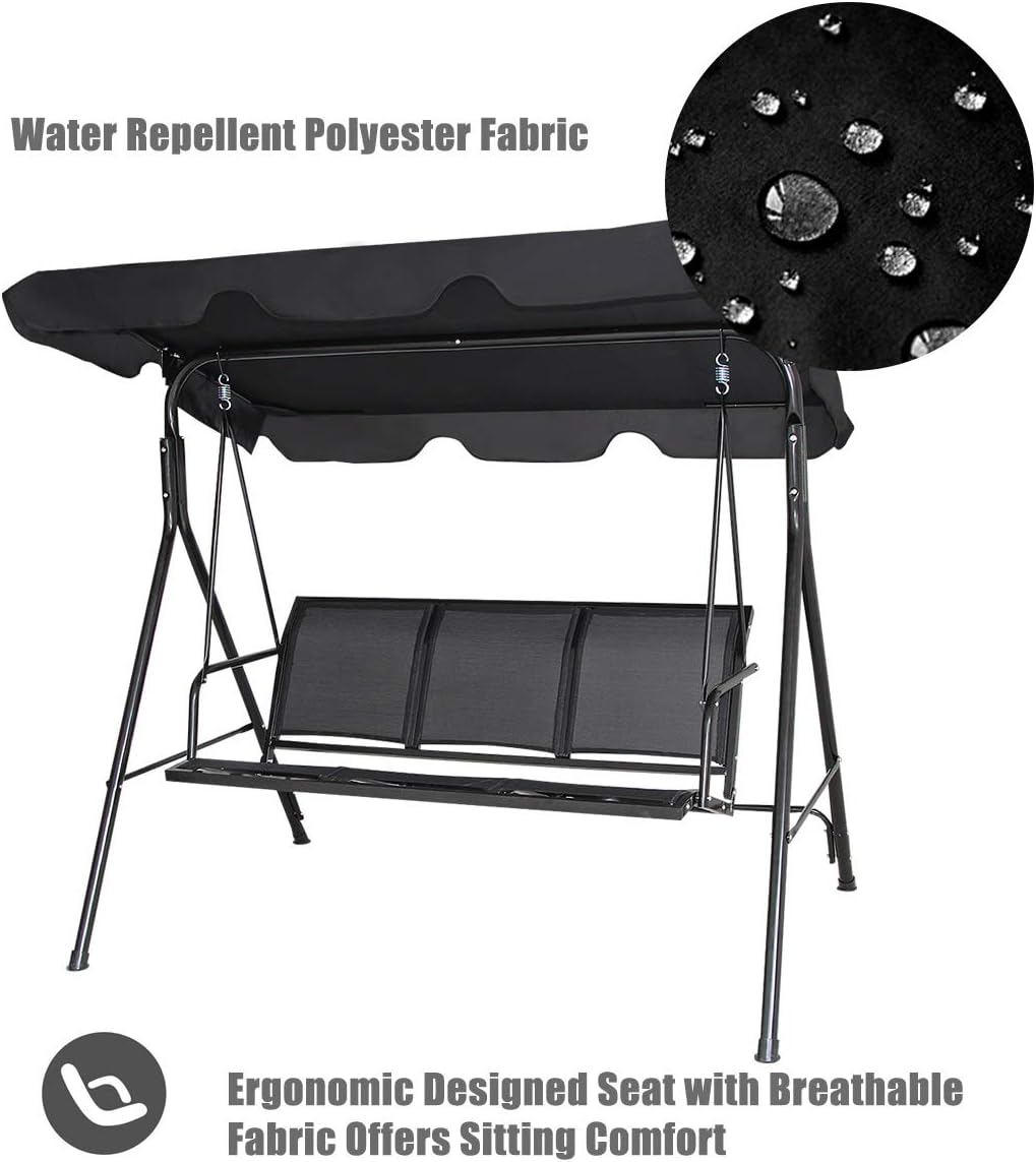 Dondolo da Giardino a 3 Posti, con Tettuccio Parasole Regolabile, Sedia a Dondolo da Giardino con Telaio in Acciaio, 173 x 119 x 152 cm (Nero)