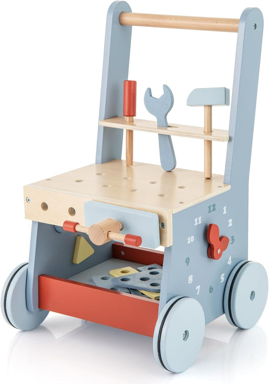 2-in-1 Girello Neonato in Legno, Camminatore con Giocattoli e Attrezzi, Primi Passi per Bambini con Montessori, Carrello Primi Passi con Ruote, con Banco da Lavoro, per Bambini 3+ Mesi