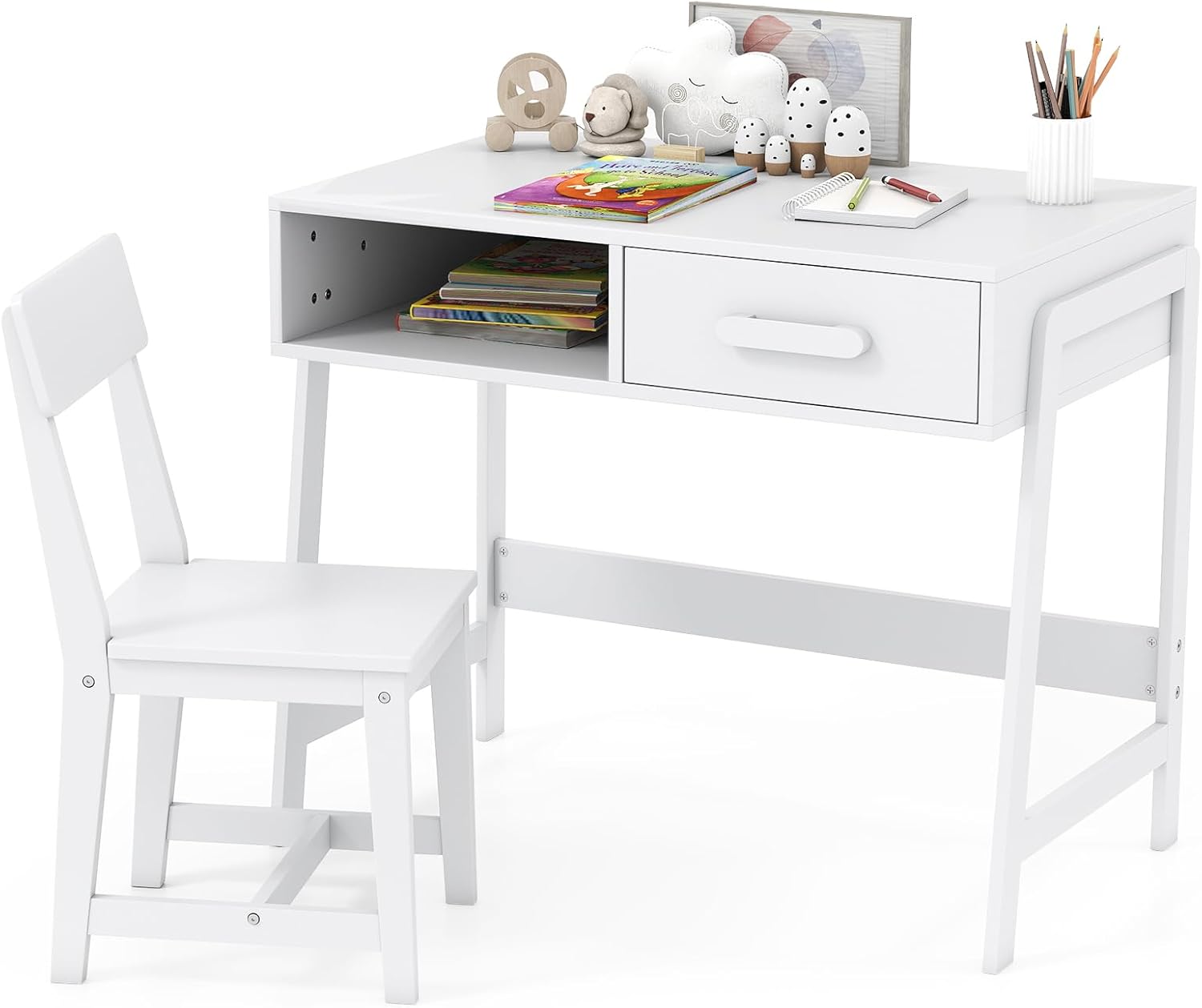 Set Tavolo e Seide per bambini in Legno, Scrivania e Sedia con Cassetto e Scomparto, Tavolino e Sedia per Cameretta, Soggiorno e Scuola (Bianco)