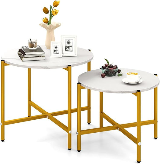 Set di Tavolini da Caffè Rotondi da 2 Pezzi, Tavolini Impilabili con Struttura in Metallo Robusta e Piedini, Ideale per Soggiorno, Ufficio e Balcone