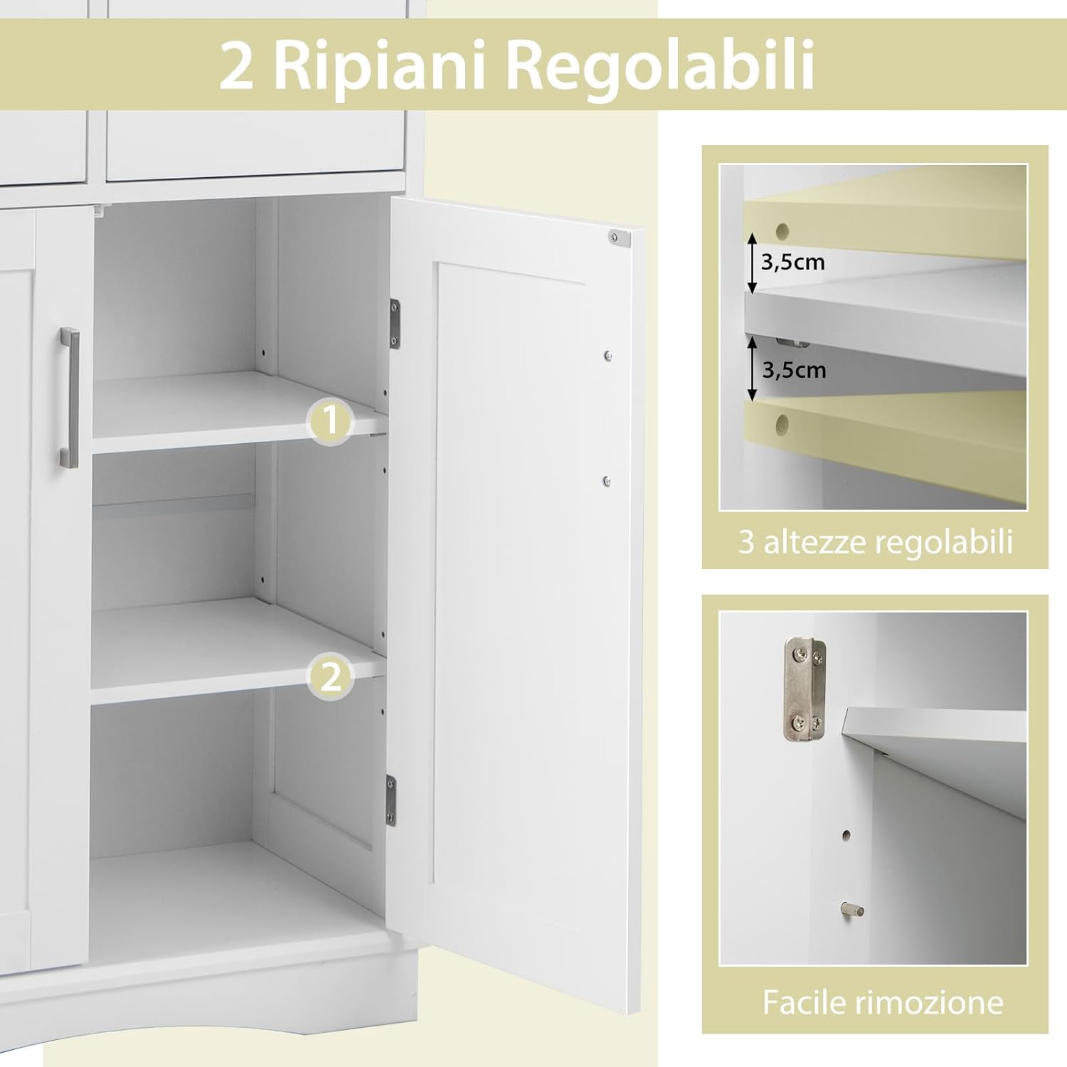 Armadio da Terra con 2 Porte, Mobile da Bagno con 2 Cassetti e 2 Ripiani Regolabili, Mobiletto Multifunzionale per Bagno Cucina e Soggiorno, 60x30x108 cm (Bianco)