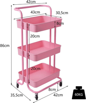 Carrello con 3 Cesti e Maniglia, Carrello Multifunzione con Ruote, Carrellino di Stoccaggio per Bagno Cucina e Ufficio, 87 x 35 x 42 cm (Rosa)
