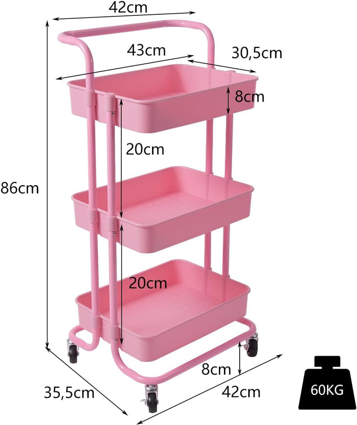 Carrello con 3 Cesti e Maniglia, Carrello Multifunzione con Ruote, Carrellino di Stoccaggio per Bagno Cucina e Ufficio, 87 x 35 x 42 cm (Rosa)