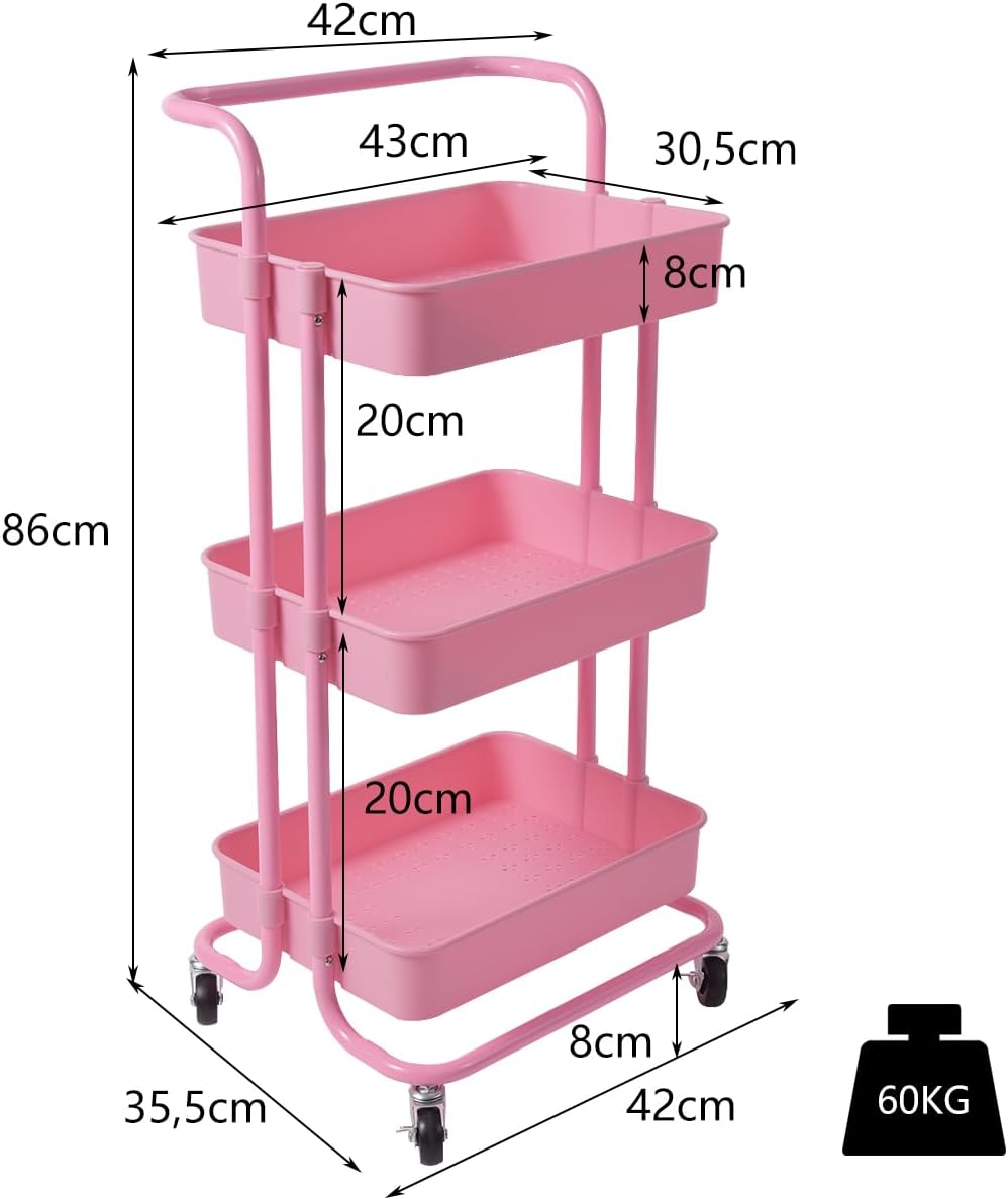 Carrello con 3 Cesti e Maniglia, Carrello Multifunzione con Ruote, Carrellino di Stoccaggio per Bagno Cucina e Ufficio, 87 x 35 x 42 cm (Rosa)