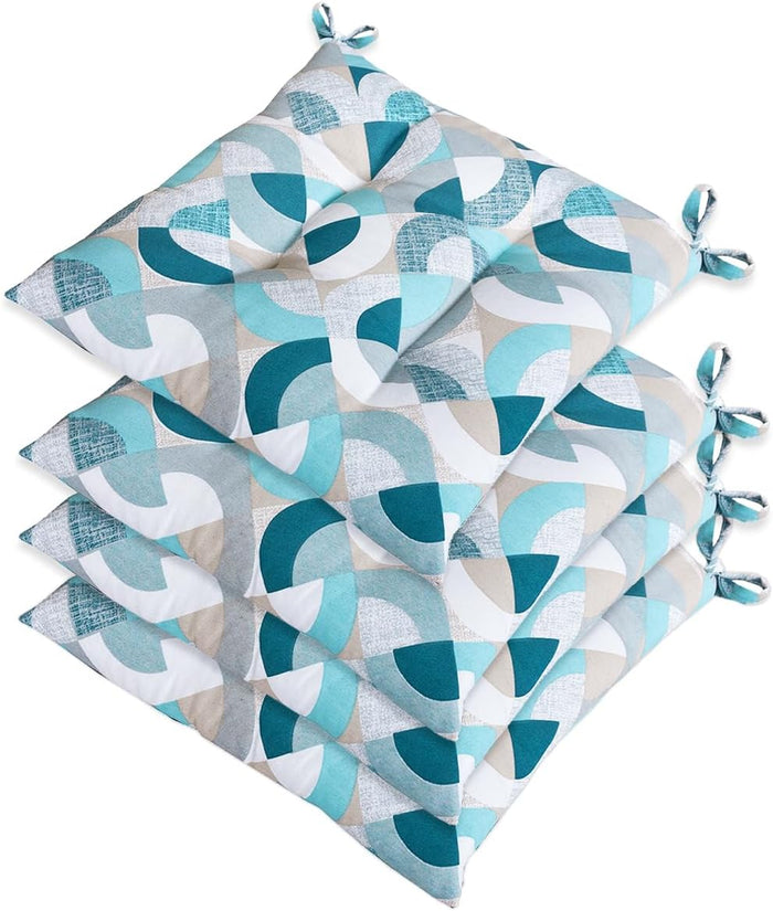 Set 4 Cuscini Sedia Moderni Morbidi Universali A Cerchi Azzurri Blu Coprisedie Cotone Lavabili